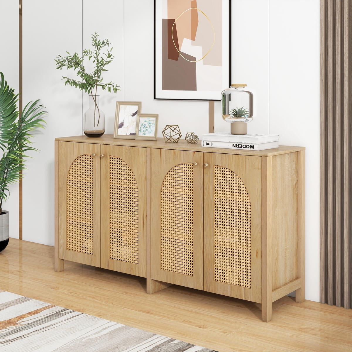 SIDEBOARD in Naturfarbe Anrichte mit 4 Rattantüren für Esszimmer, Küche und Wohnzimmer, B145/T80/H40 cm - Naturfarben, Holzwerkstoff/Metall (145/80/40cm) - STILVORA
