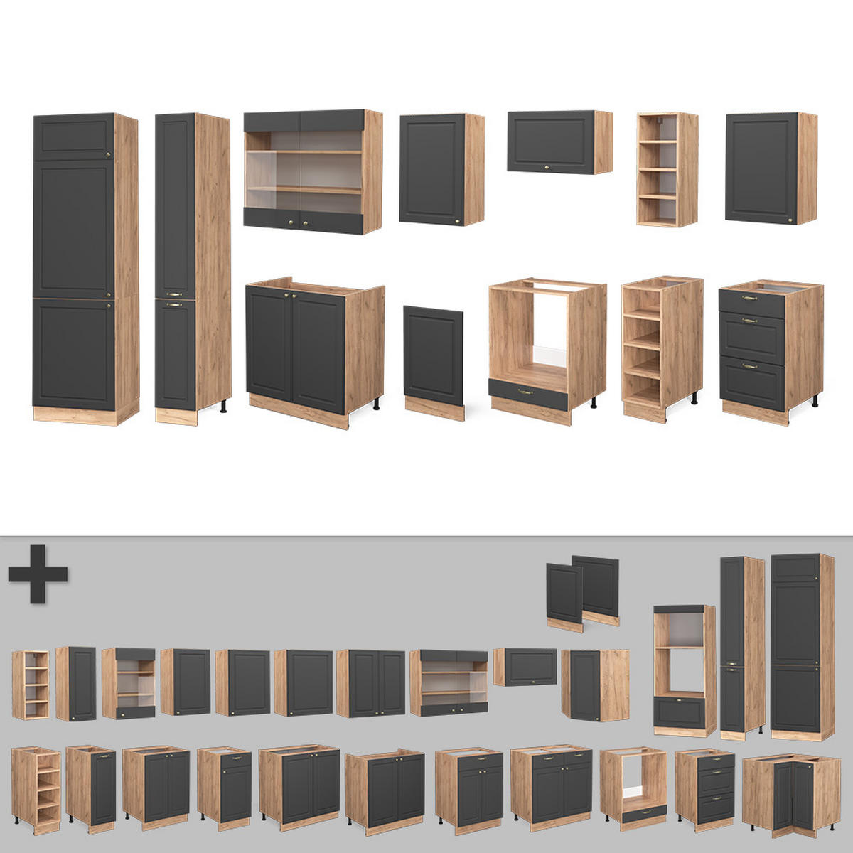 KÜCHENZEILE Fame-Line Anthrazit Landhaus/Goldkraft Eiche 355 cm ohne AP - Dunkelgrau/Eiche Wotan, Holzwerkstoff (355/81.6/46cm) - Vicco