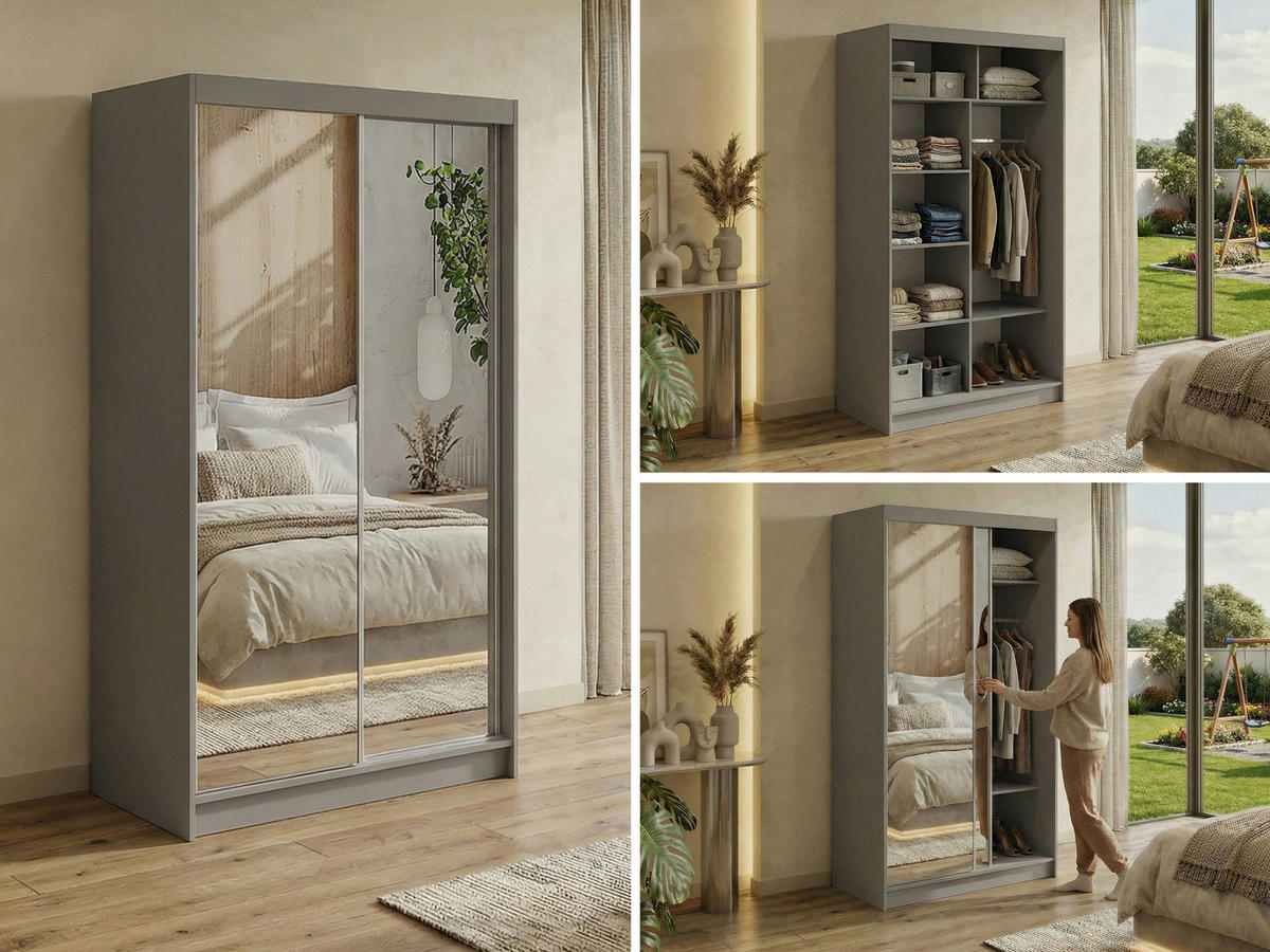 SCHWEBETÜRENSCHRANK 120 - DUBROWNIK - Grau mit Spiegel - Alufarben/Grau, Holzwerkstoff/Metall (120/216/61cm) - MKS