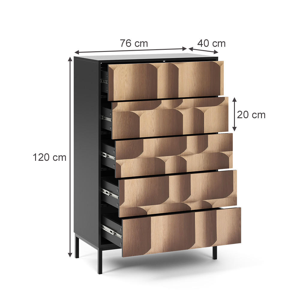 KOMMODE Eliza Schwarz/Eiche 76 x 120 cm mit 5 Schubladen - Eichefarben/Schwarz, Holzwerkstoff (76/120/40cm) - Vicco