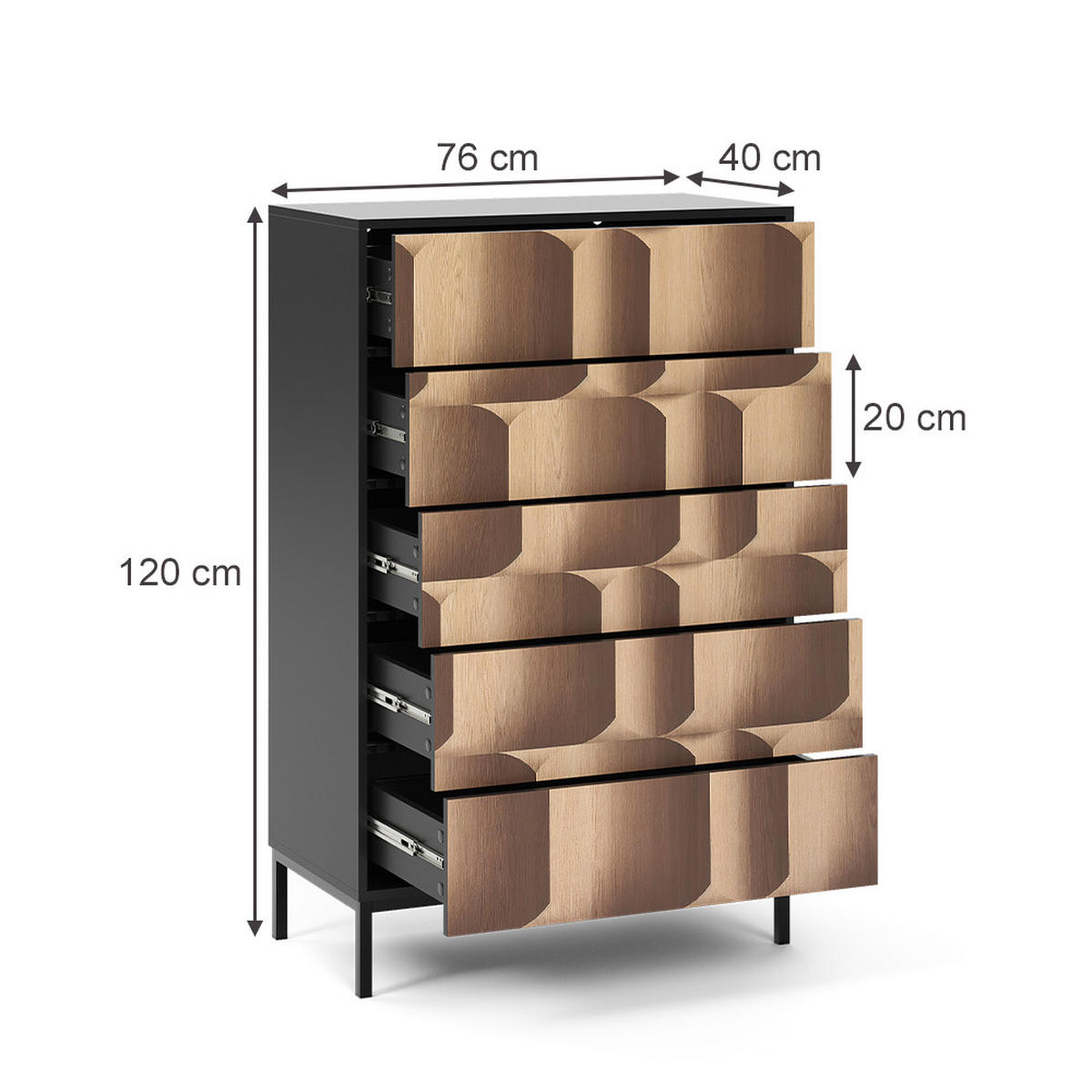 KOMMODE Eliza Schwarz/Eiche 76 x 120 cm mit 5 Schubladen - Eichefarben/Schwarz, Holzwerkstoff (76/120/40cm) - Vicco