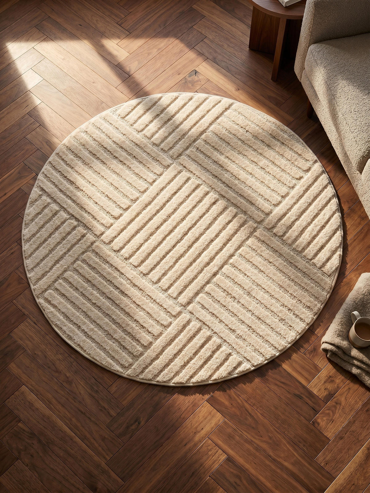TEPPICH Hochflor RIGI in Creme, mit Cord-Streifen-Patchwork, Ø 120 cm - Beige, Textil (120/120cm) - KADIMA DESIGN