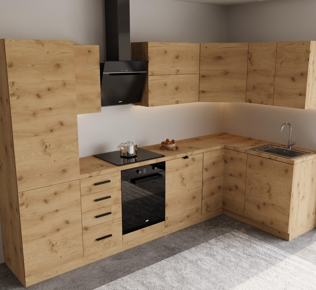 WINKELKÜCHE 300 cm x 140 cm- Langen KL6-M300 - in Artisan Eiche - Schwarz/Eiche Artisan, Holz/Holzwerkstoff (440/212/58cm)