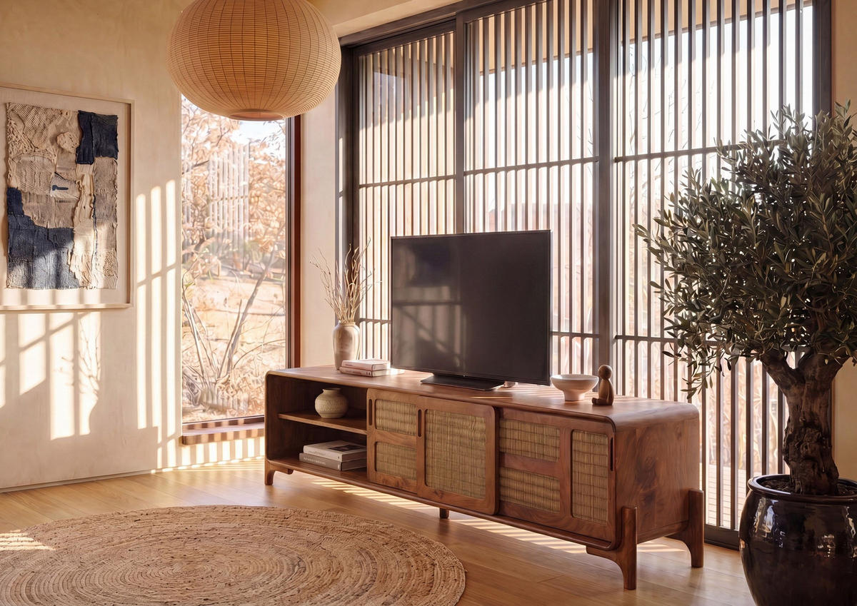 TV-BOARD Mango/Seegras 200x40x50 hellbraun lackiert MIZUMI #108 - Braun, Holz (200/50/40cm) - Massivmoebel24