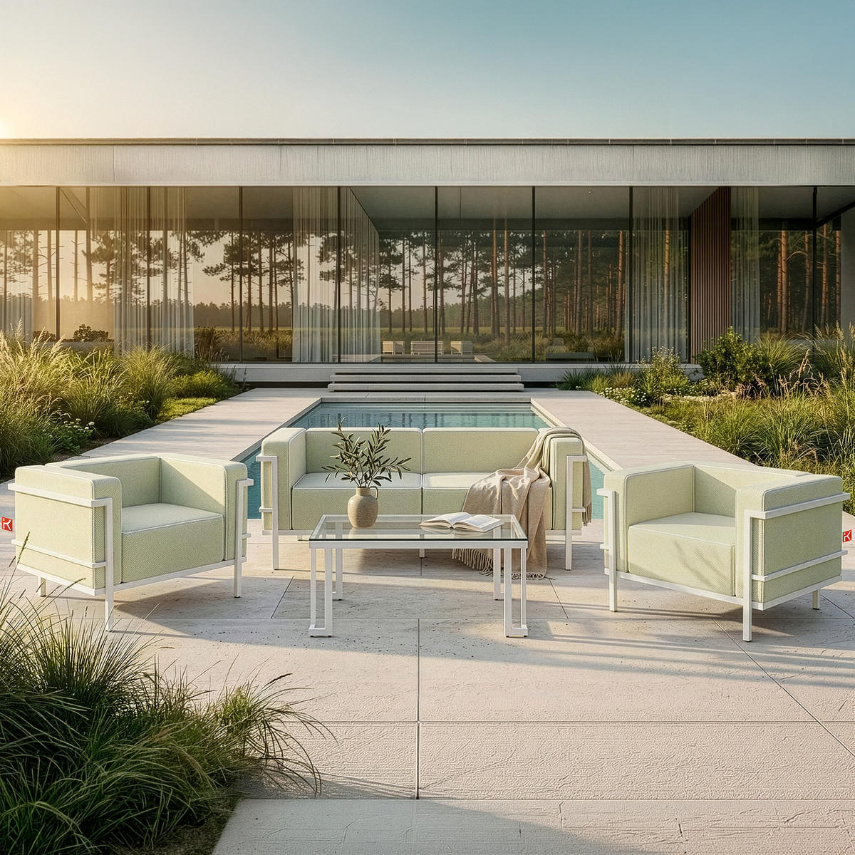 GARTENSOFA TRIGLO 2-Personen, Stahlrahmen, Modern, Weiß - Weiß/Hellgrün, Textil/Metall (164/70/69cm) - KONSIMO®
