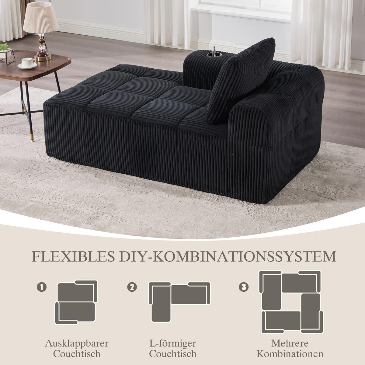 CHAISELONGUE in Cord (158 cm) mit Getränkehalter & Seitentaschen - Schwarz, Textil (158/61/93cm) - Urban Meuble