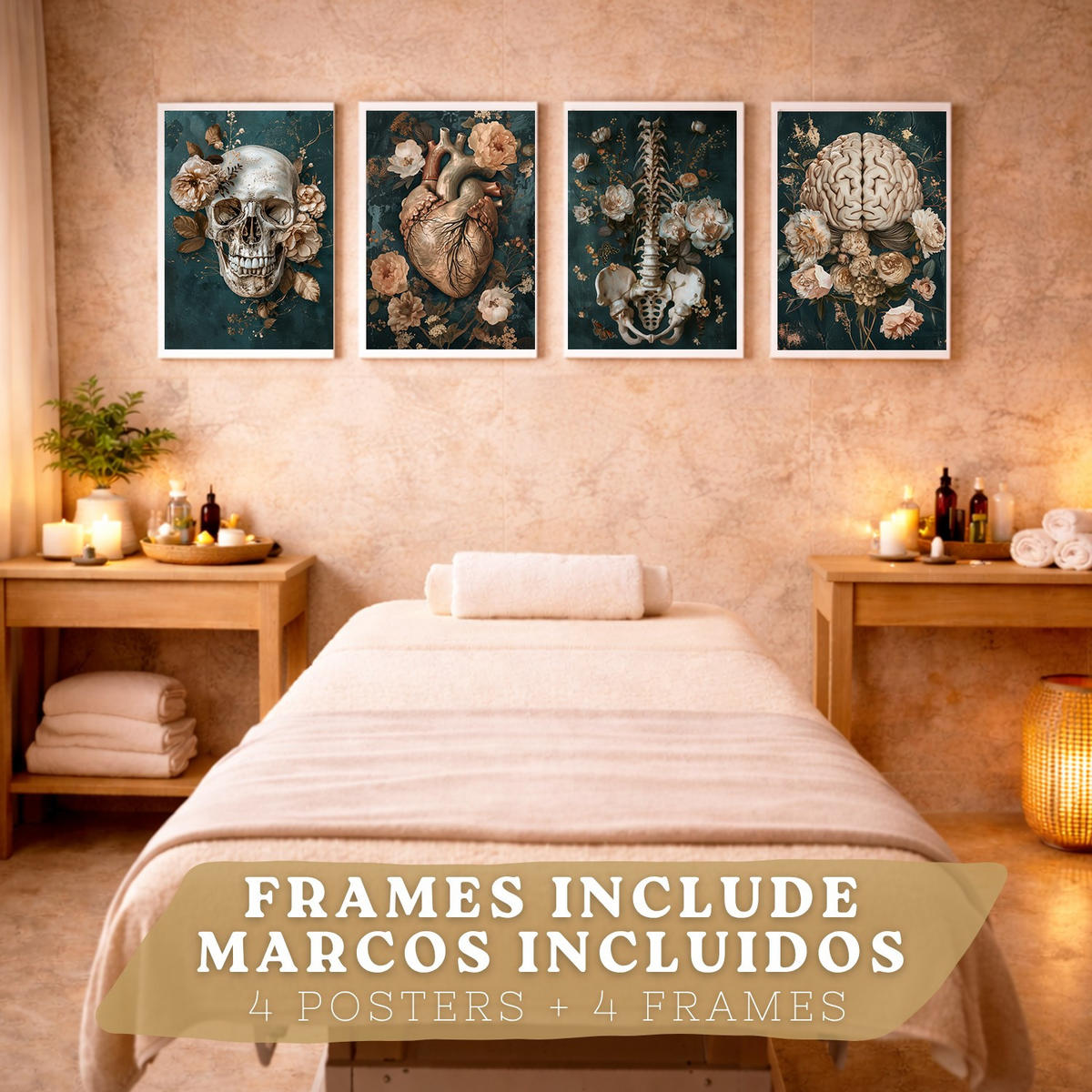 POSTER Set aus 4 Anatomie Drucke und Wandbilder mit Schädel Herz Gehirn Wirbelsäule Skelett Becken Klassisches Florales Design Größe Weißer Rahmen A4 - Weiß, Papier (21/29.7/3cm) - Nacnic