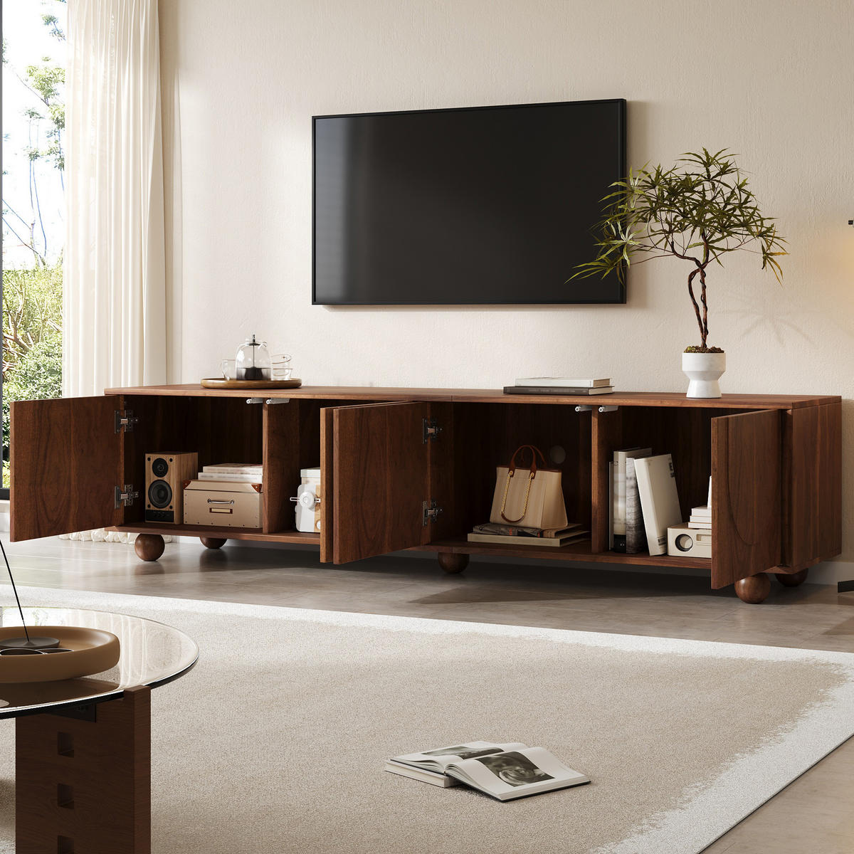 TV-RACK 180cm NussbaumHolzdekor RetroFernsehbank PushtoOpen - Walnussfarben, Holz (48.01/18.01/115.01cm) - Raelunyi