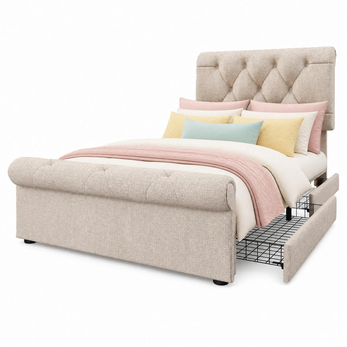 ČALOUNĚNÁ POSTEL 90/200 cm v přírodní barvě se 2 zásuvkami a matrací - přírodní, kov/kompozitní dřevo (90/200cm) - CHICFURN