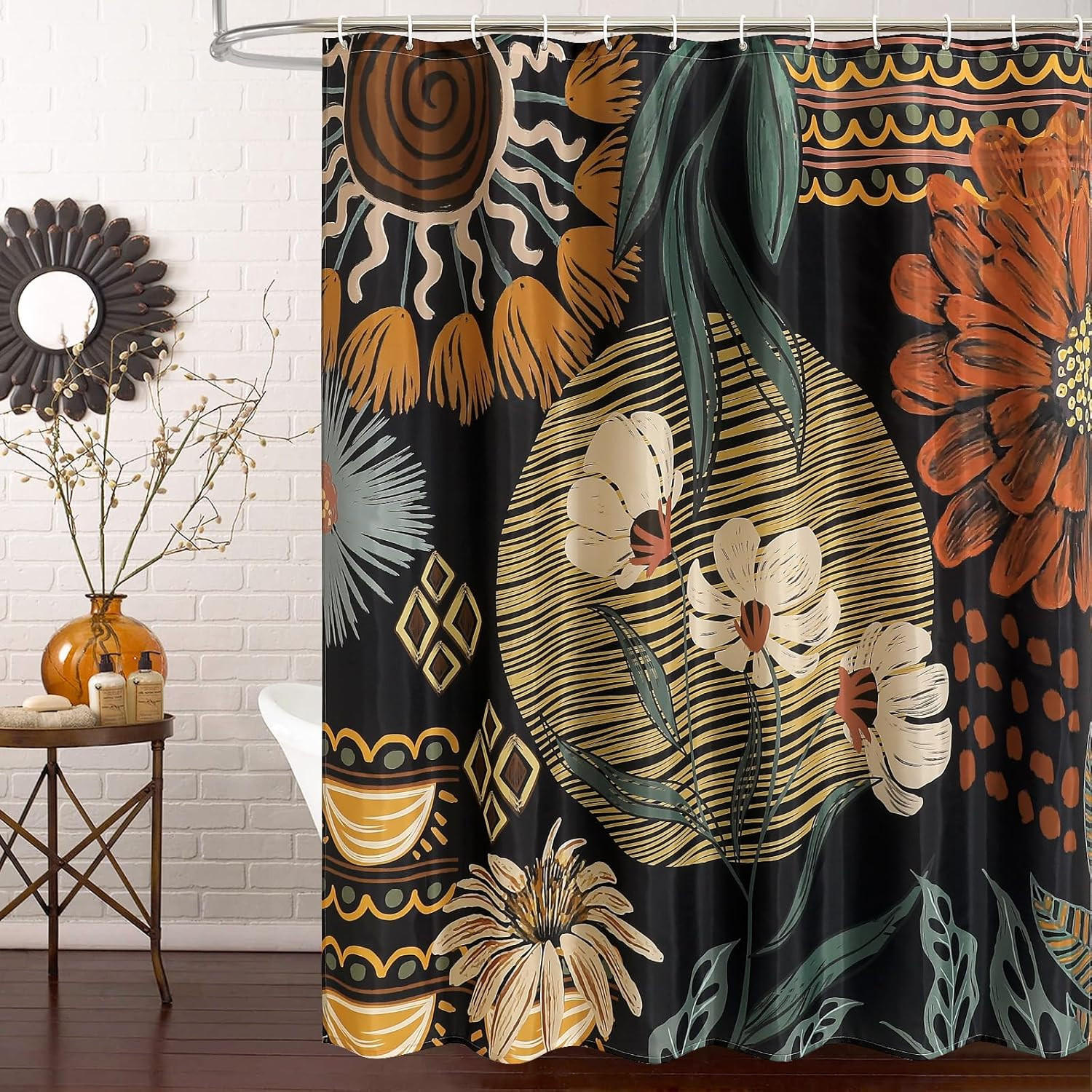 DUSCHVORHANG extrem lang floral Boho elegant für Dekoration Badezimmer - Schwarz, Textil (200/180cm) - MCBOSON
