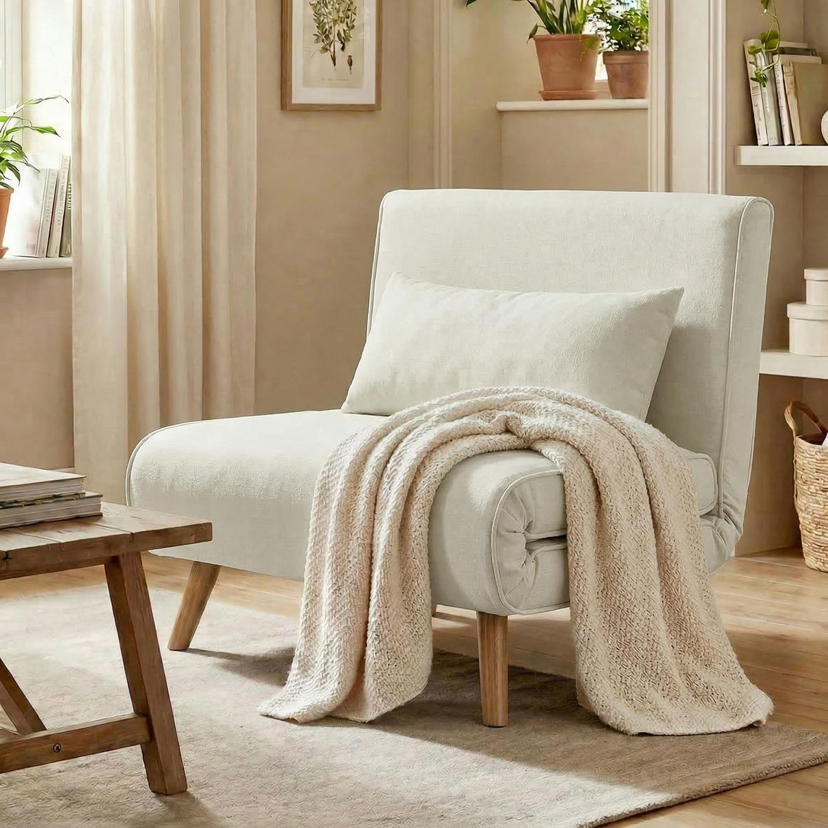 SCHLAFSESSEL 3-in-1 DE-14675 5-stufig verstellbar mit Kissen Creme - Creme, Textil (72/85/75cm) - ComfortXL