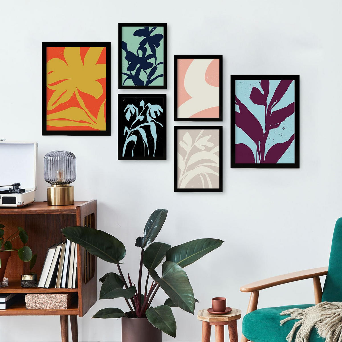 POSTER Set Mit 6 Streifenblätter In Blume Zusammenfassung Ästhetische Dekorative Gemälde Für Ihr Wohnzimmer Zuhause A3 & A4 Schwarzer Rahmen - Schwarz, Papier (29/3cm) - Nacnic
