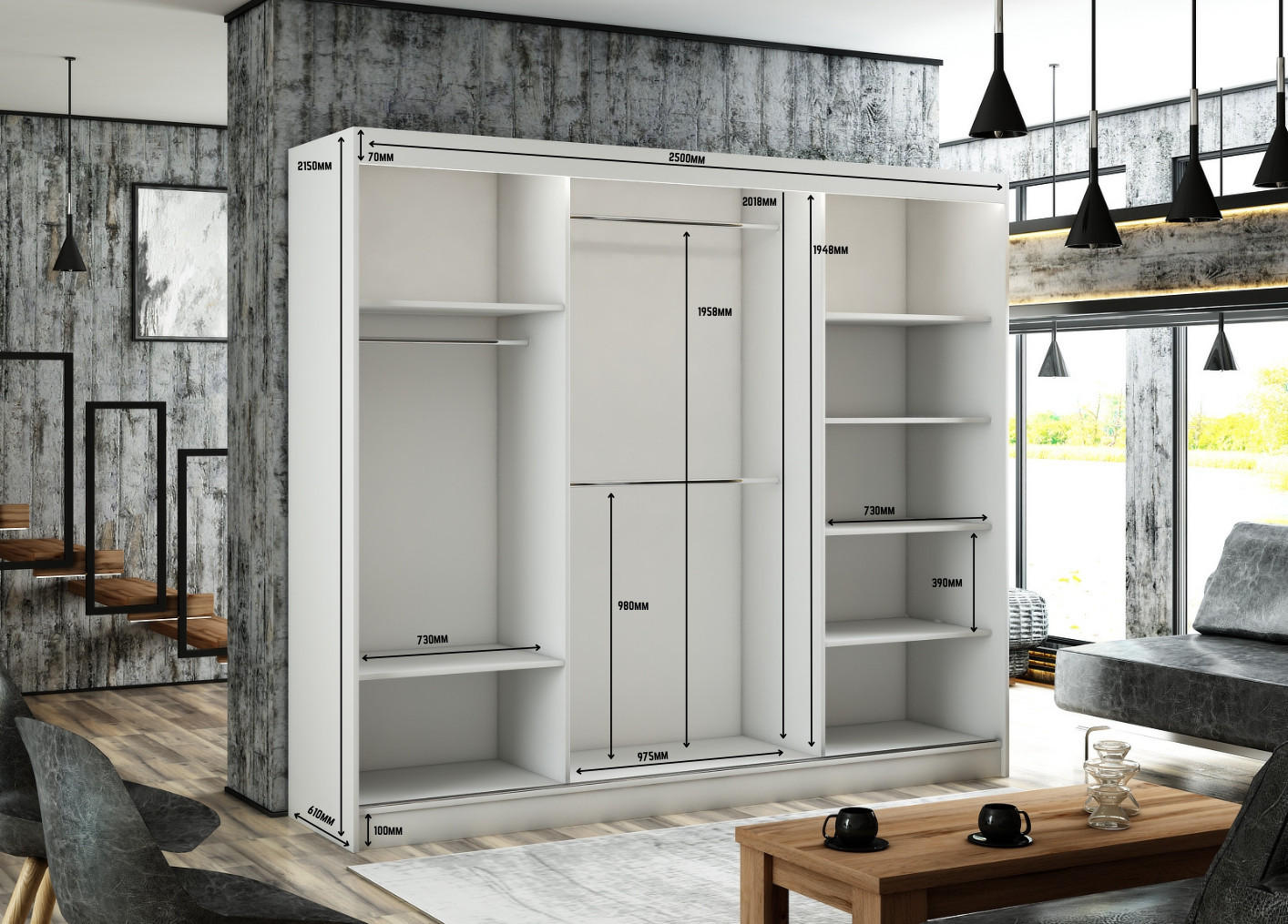 Thumbnail - Altdecor Kleiderschrank, Weiß, Eiche Wotan, Holzwerkstoff, 250x215x61 cm, Schlafzimmer, Kleiderschränke