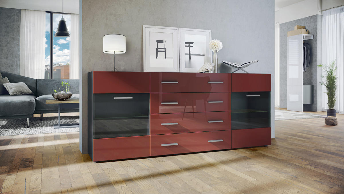 SIDEBOARD Carlos Bordeaux Hochglanz - Bordeaux, Holzwerkstoff (166/72/35cm) - Vladon