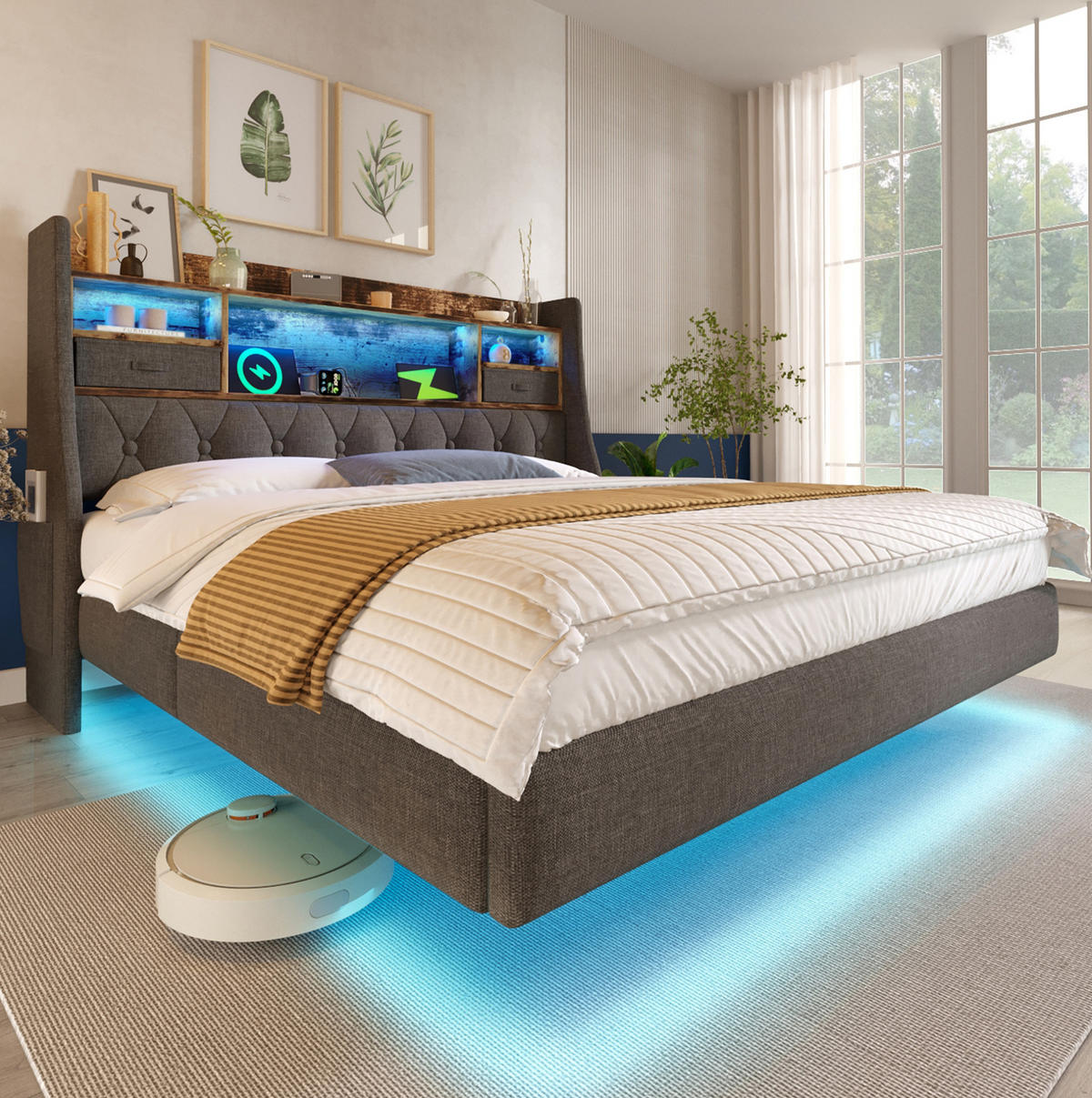 POLSTERBETT aus Leinen 180x200 cm Grau mit LED-Beleuchtung, USB- und Type-C-Anschlüssen - Grau, Textil (180/200cm) - IVMEU