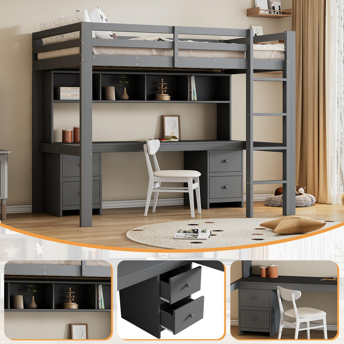 HOCHBETT 90/200 cm aus Kiefer massiv und MDF mit Schreibtisch und Stauraum Grau - Grau, Holz (90/200cm) - Modenvie