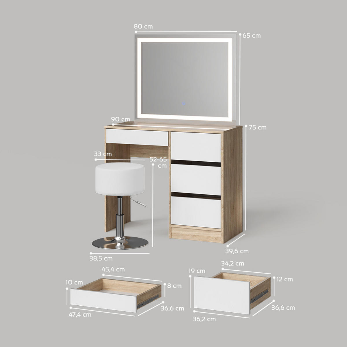 SCHMINKTISCH Imola Sonoma mit LED-Spiegel und Hocker - Weiß/Sonoma Eiche, Holzwerkstoff (90/75/40cm) - Livinity®