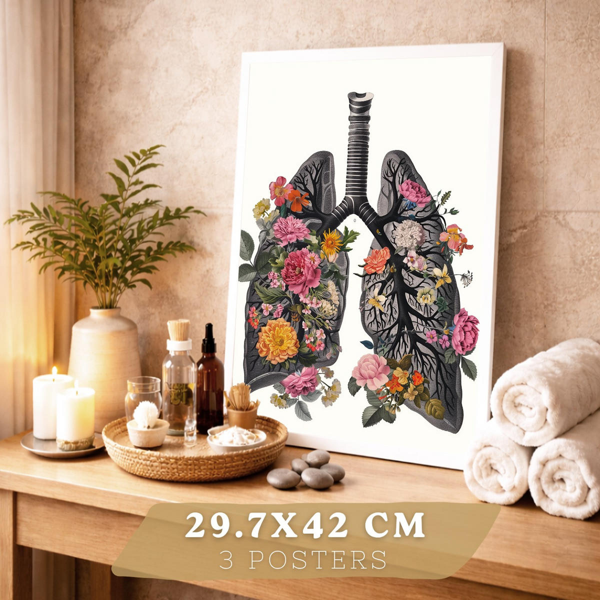 POSTER Set aus 3 Anatomie Mensch Drucke und mit Lungen Luftröhre Bronchien Rippen Wirbelsäule und Schädel Modernes Florales Größe Weißer Rahmen A3 - Weiß, Papier (29.7/42/3cm) - Nacnic