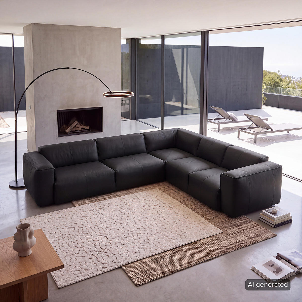 ECKSOFA mit Rundecke - Schwarz, Leder/Kunststoff (325/260cm) - home24