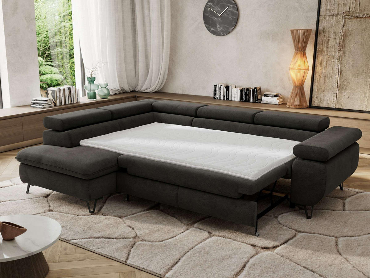 ECKSOFA PABLO L Dunkelgrau Velvet - Links Seite mit Visco Topper - Dunkelgrau/Schwarz, Textil/Metall (208/273cm) - MKS