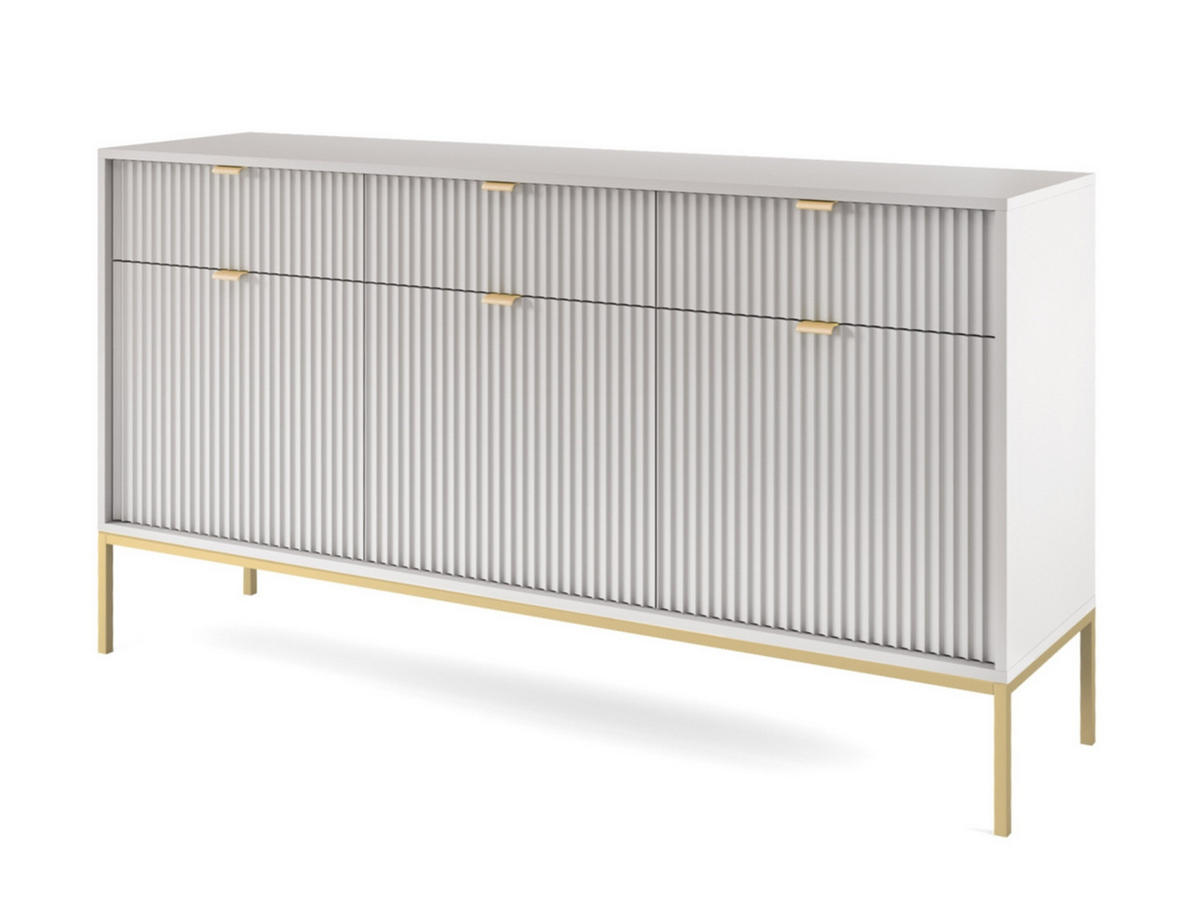 SIDEBOARD Eternas 3T 3S Grau 154/83/39 cm – goldene Füße, mit geriffelten Fronten - Goldfarben/Grau, Holzwerkstoff (154/83/39cm) - AX Living