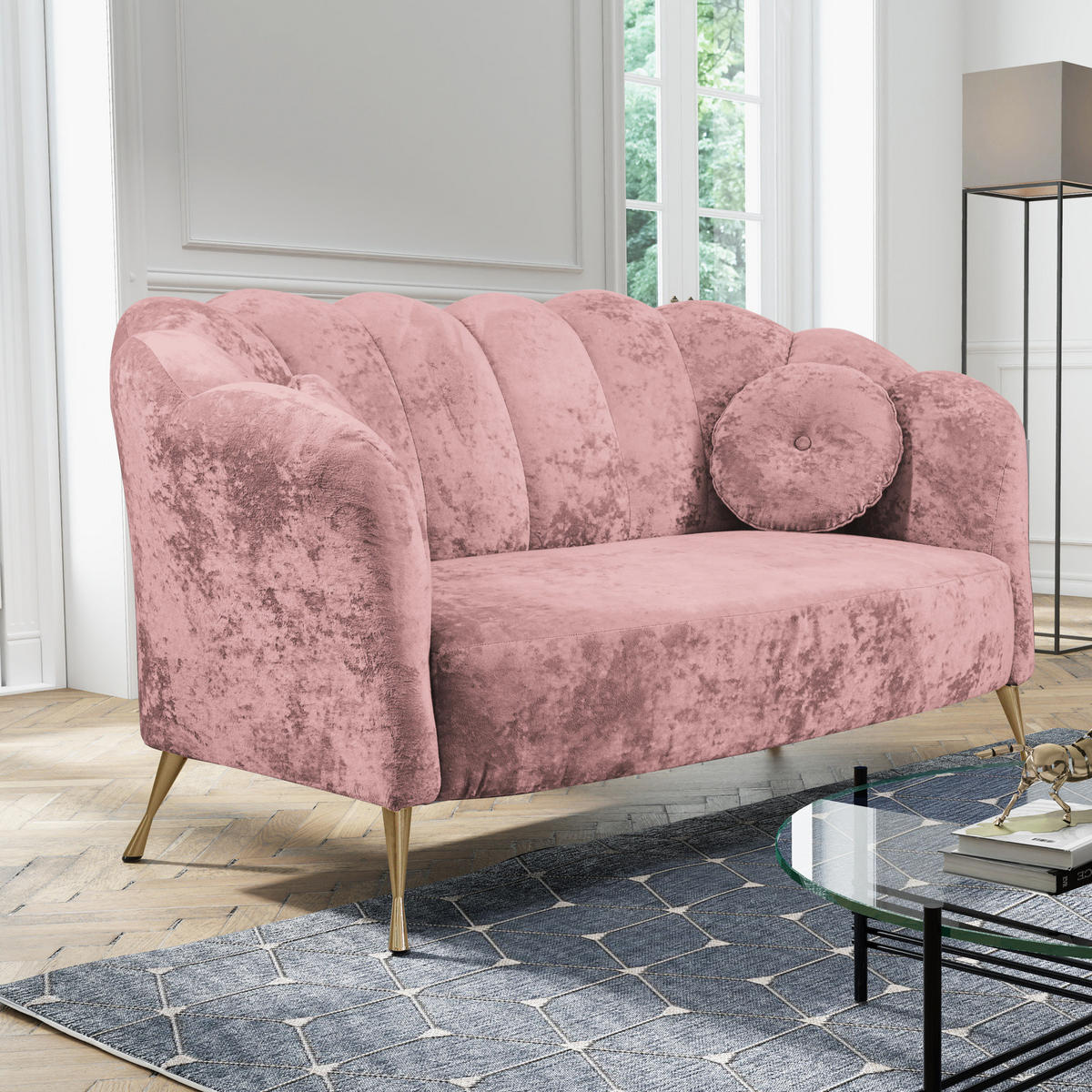 SOFA Adria 2-Sitzer 155x78x83 mit Metallfüßen - Dunkelrosa/Goldfarben, Holz/Textil (155/78/83cm) - Ravio