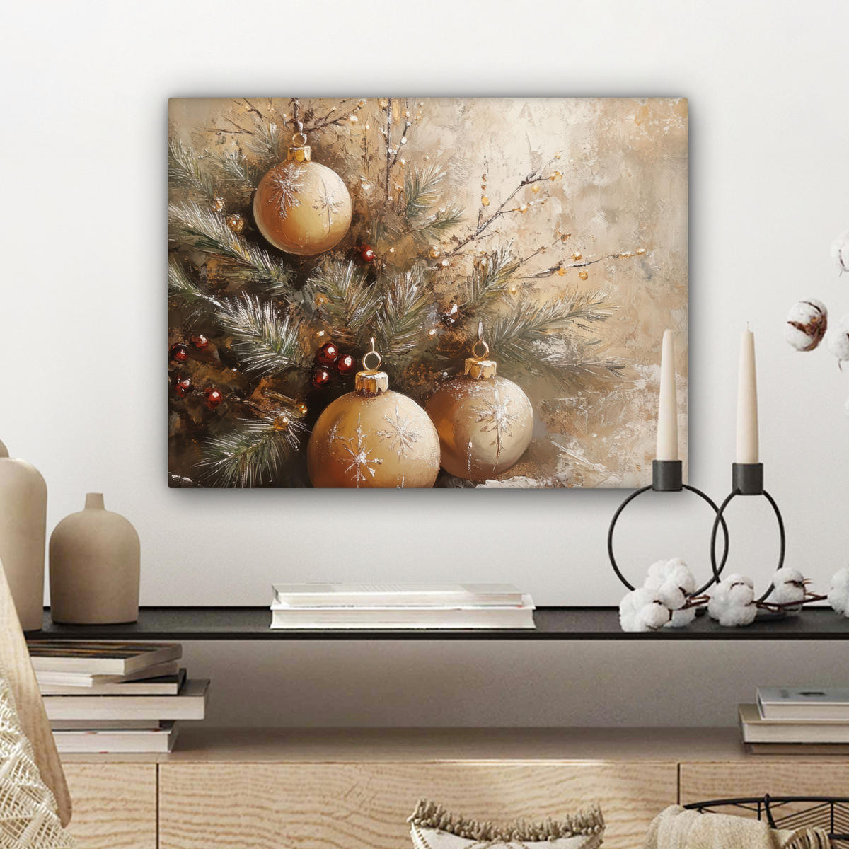 LEINWANDBILD Weihnachten - Kugeln - Beige - Gold 40x30 cm - Goldfarben, Textil (40/30cm) - MuchoWow