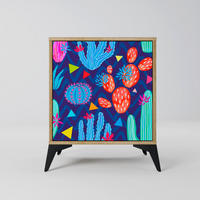 SIDEBOARD CACTUS VIBES, Eichefarben, 57,5x42x70,5 cm, Schwarze Metall-Sternfüße - Eichefarben/Multicolor, Holzwerkstoff/Metall (57.5/70.5/42cm) - SpaceRebels