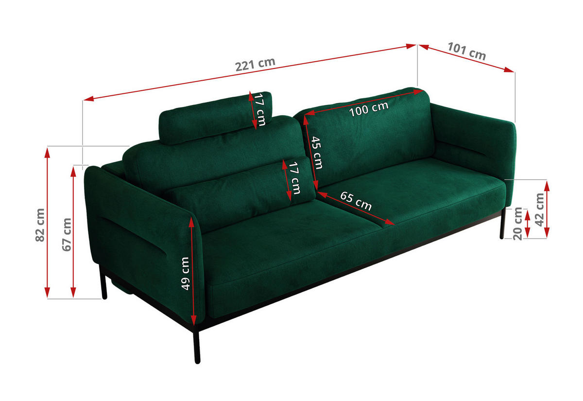 SOFA SALENTO Grün Velvet - Schwarz/Grün, Textil/Metall (221/82/101cm) - MKS