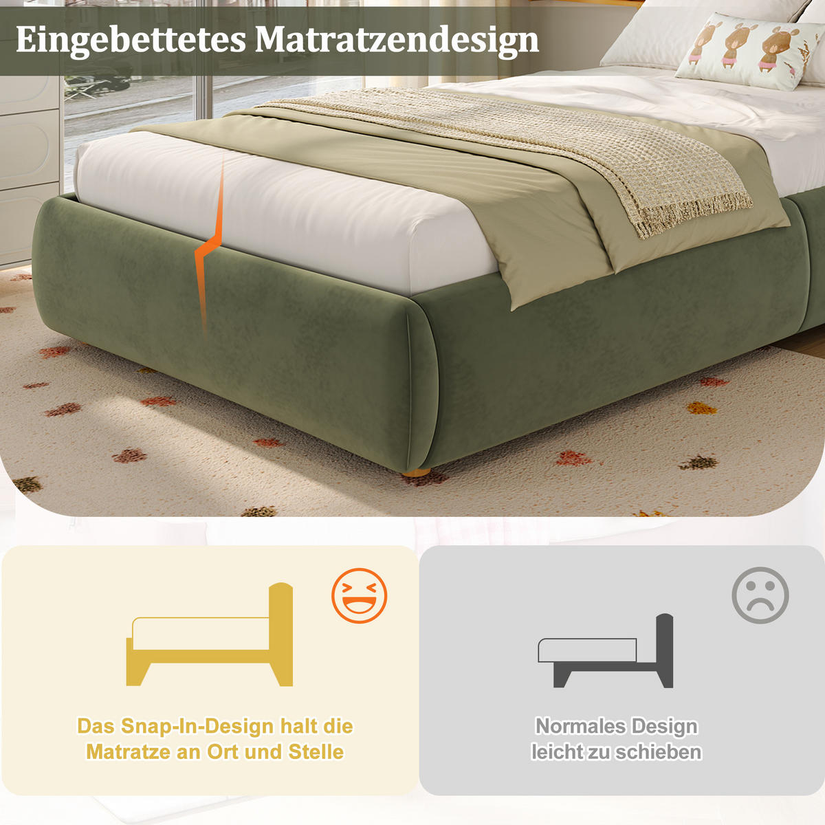 KINDERBETT 90/200 cm in Grün Samt mit Bettkasten - Grün, Holzwerkstoff/Textil (90/200cm) - WISHDOR