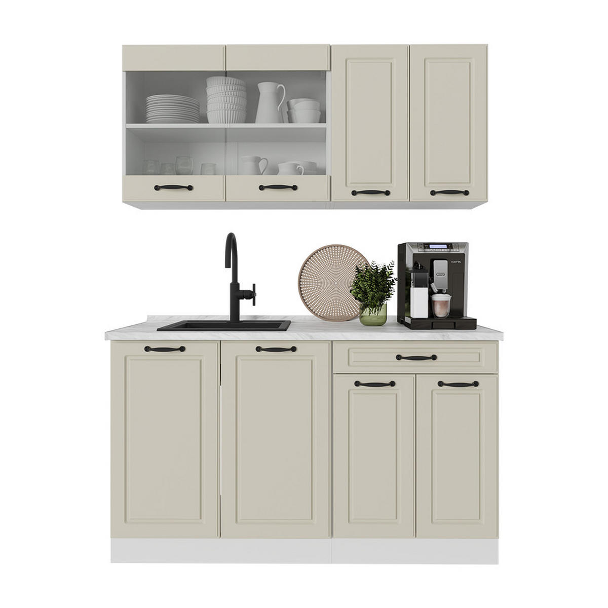 SINGLEKÜCHE R-Line, Sand Landhaus/Weiß, 140 cm Arbeitsplatte Anthrazit - Beige/Weiß, Holzwerkstoff (140/81.6/60cm) - Vicco