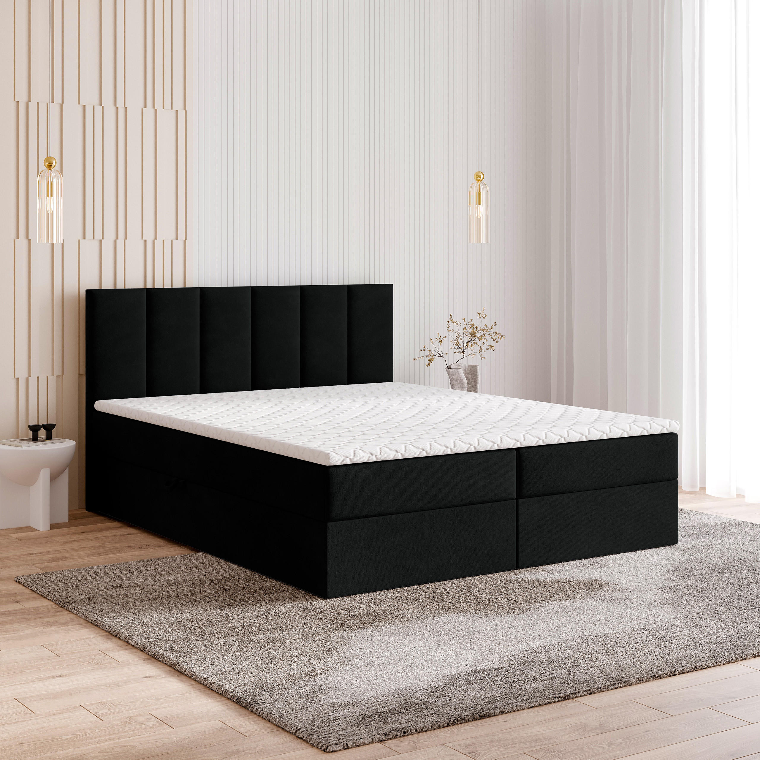 BOXBETT MERIL 160x200 cm mit Matratze und Topper - Schwarz - Schwarz, Holz (160/200cm) - MASSENO