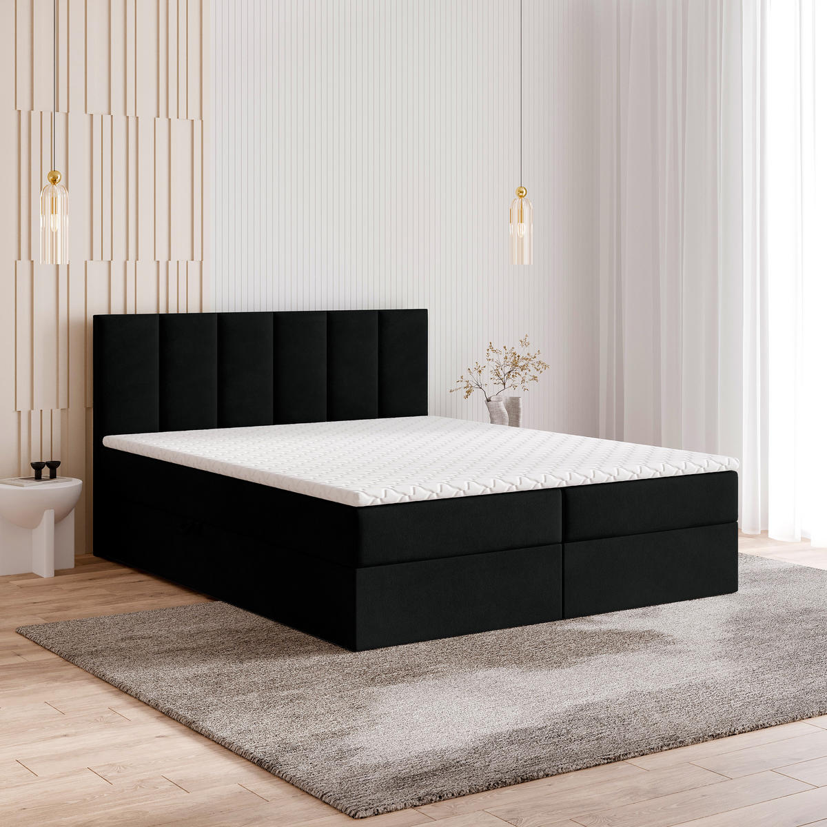 BOXBETT MERIL 160x200 cm mit Matratze und Topper - Schwarz - Schwarz, Holz (160/200cm) - MASSENO