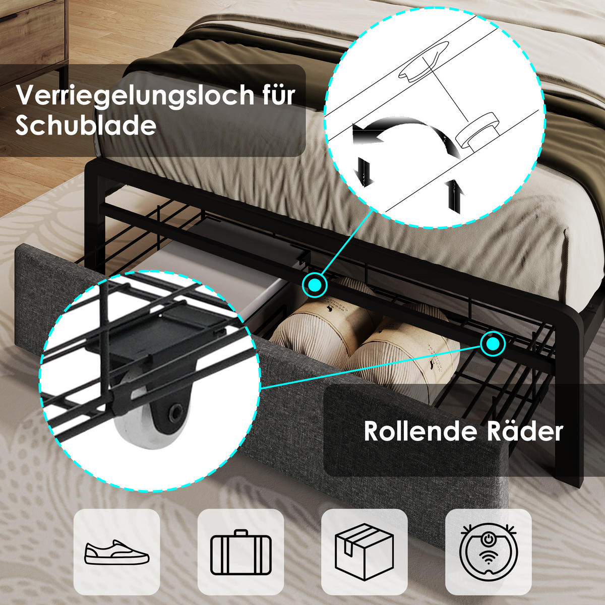 POLSTERBETT 90/200 cm in Grau Leinen mit Stauraum-Kopfteil, Schublade, LED, USB und Type-C - Schwarz/Grau, Holzwerkstoff/Textil (90/200cm) - STILVORA