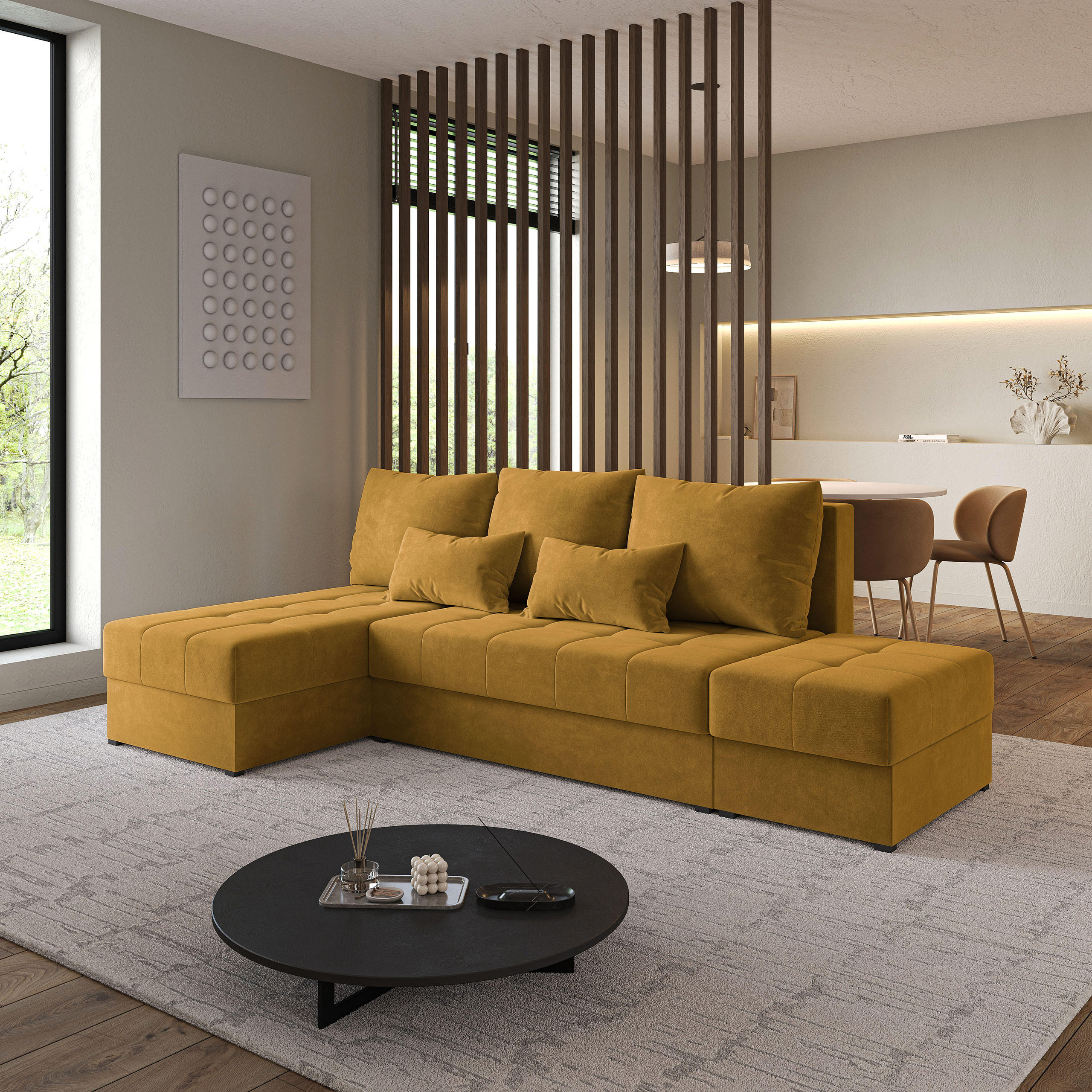 ECKSOFA NORVI Gelb Plüsch-Stoff mit Schlaffunktion - Gelb, Holz (251/143cm) - MASSENO