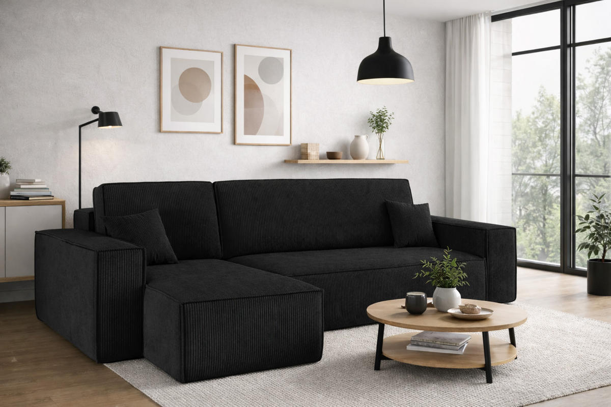 ECKSOFA Mit Schlaffunktion Und Bettkasten BEST Stoff Poso Dicker Cord Schwarz Links - Schwarz, Holz/Textil (142/244cm) - Kaiser Möbel