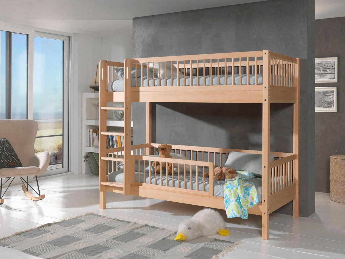 ETAGENBETT Kelci 2x90x200 mit Rausfallschutz Leiter Buche massiv natur - Buchefarben, Holz (90/200cm) - 58aufmkessel