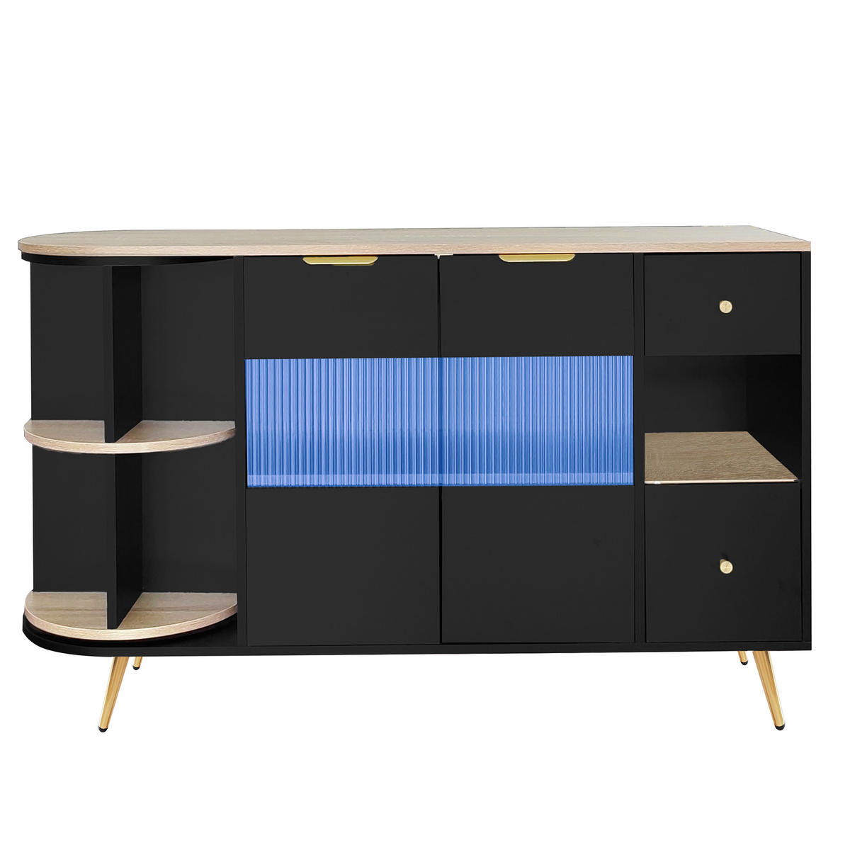 SIDEBOARD mit Kunst-Rattan-Türen und goldenen Details, 130/40/80cm - Schwarz, Holzwerkstoff (130/80/40cm) - Urban Meuble