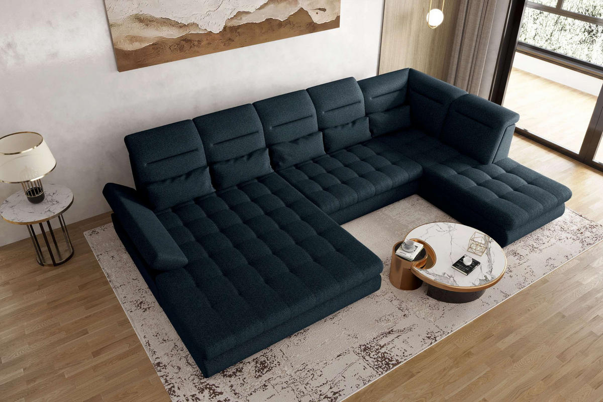 WOHNLANDSCHAFT Toscana Velours inkl. Schlaffunktion - Dunkelblau, Textil (208/87/358cm) - 99rooms