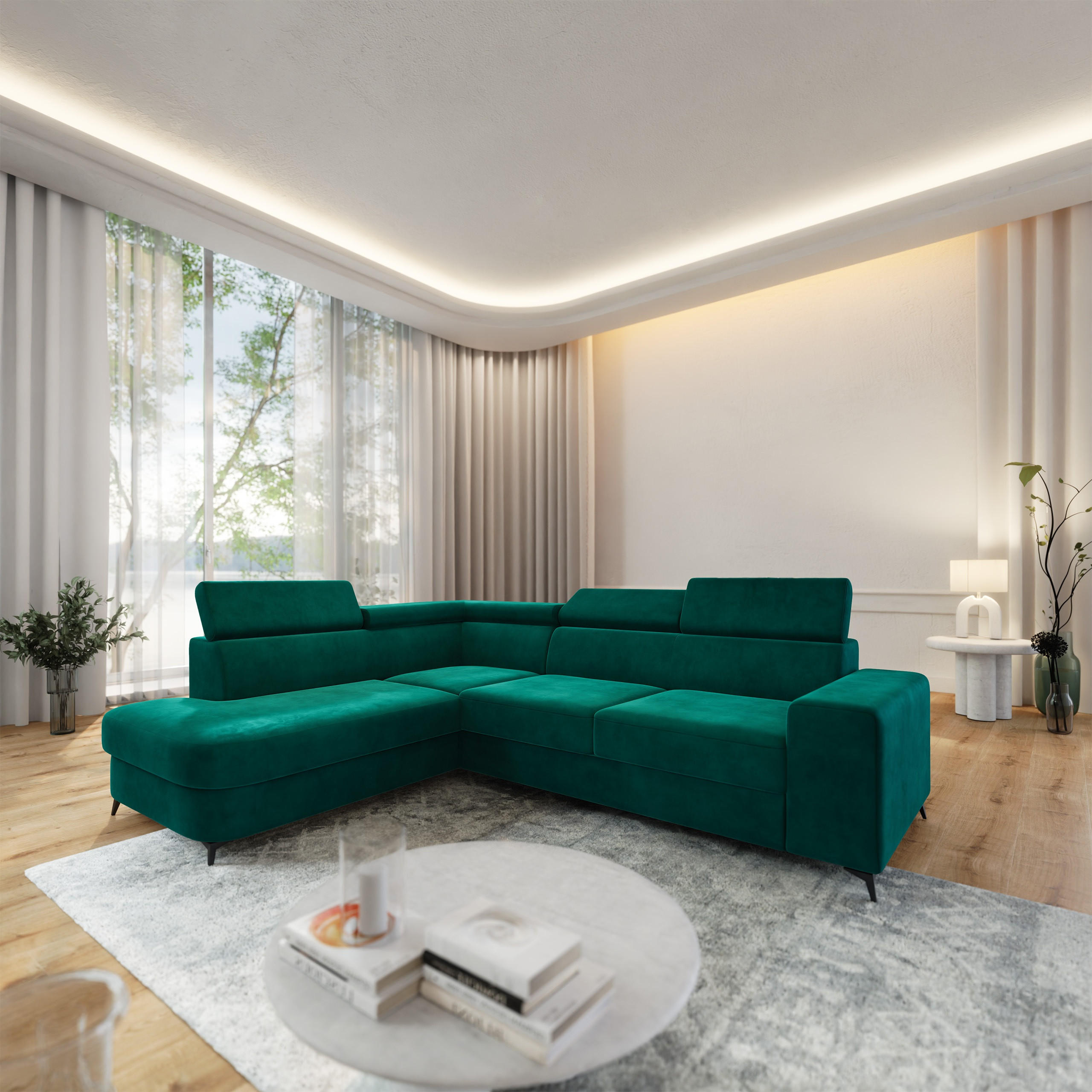 ECKSOFA ALVORO L-S Grün Velours-Stoff mit Schlaffunktion - Grün, Holz (253/190cm) - MASSENO