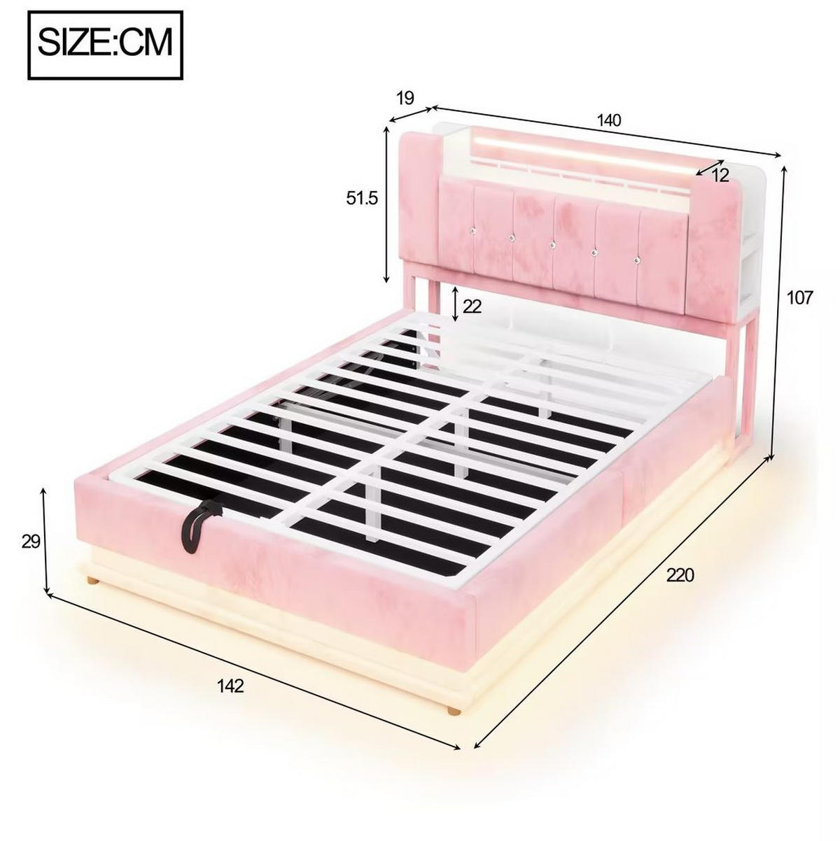 POLSTERBETT 140/200 cm in Rosa mit LED-Beleuchtung, USB und Stauraum - Pink, Textil (140/200cm) - Flora Grace