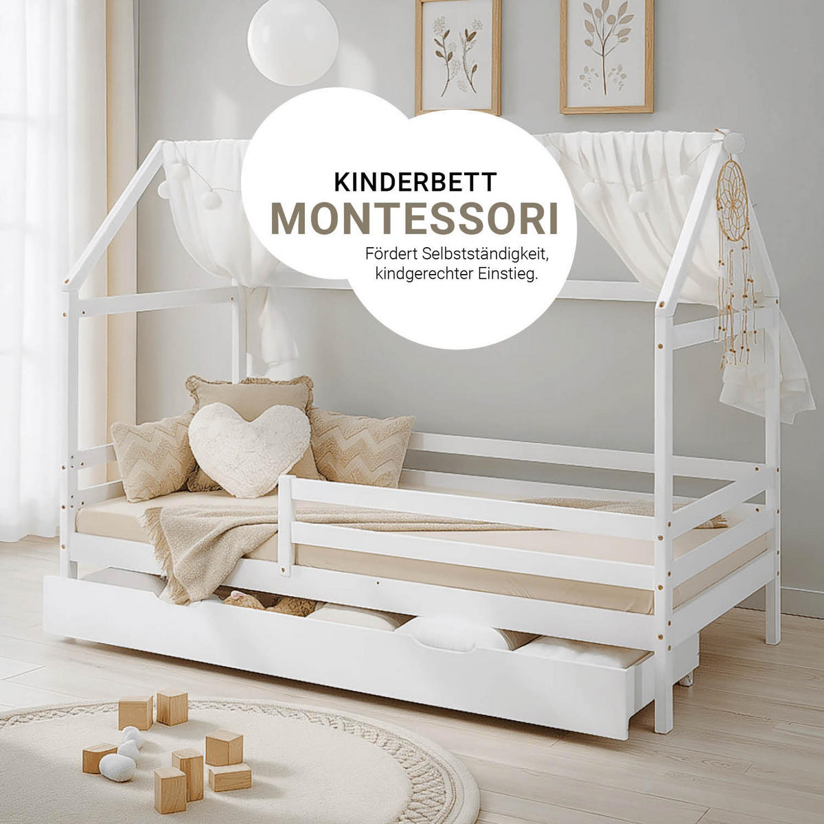 HAUSBETT 90/200 mit Rausfallschutz Weiß - Weiß, Holz (207/158/96cm) - Homestyle4u