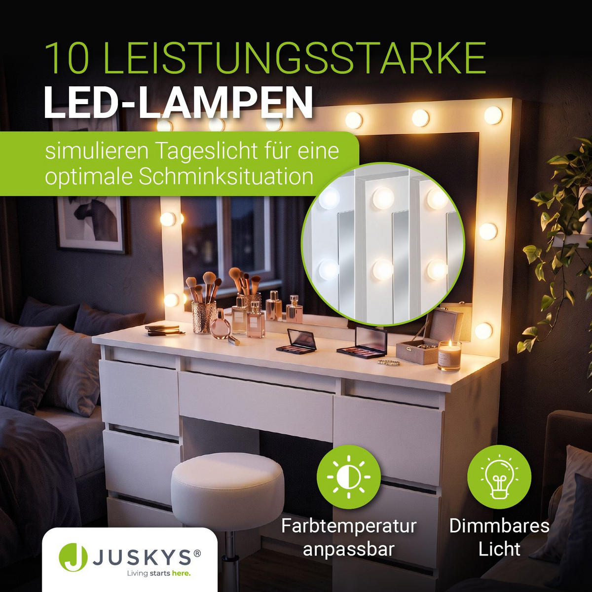 SCHMINKTISCH Lilia weiß mit LED-Beleuchtung und Hocker Tonia - Weiß, Holz (108/140/41cm) - Juskys