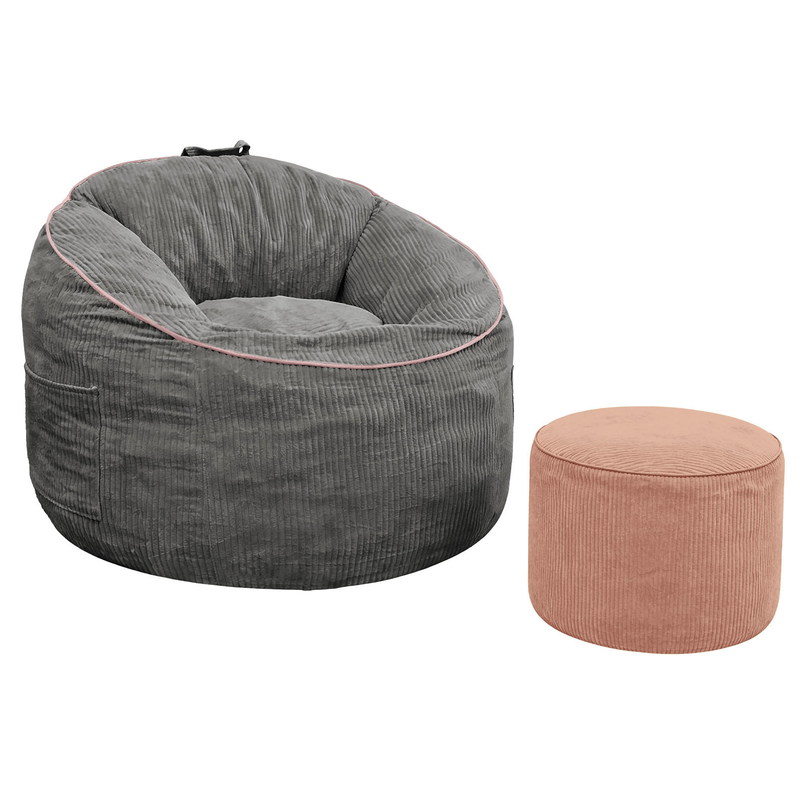 SITZSACK Flanell Grau mit Hocker und Seitentasche - Grau, Textil (103/80/95cm) - WISHDOR