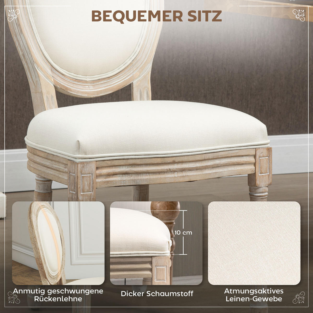 2ER Set Esszimmerstühle Küchenstuhl mit Rattan-Rückenlehne Linen-Touch - Creme, Kunststoff (56/96/49cm) - HOMCOM