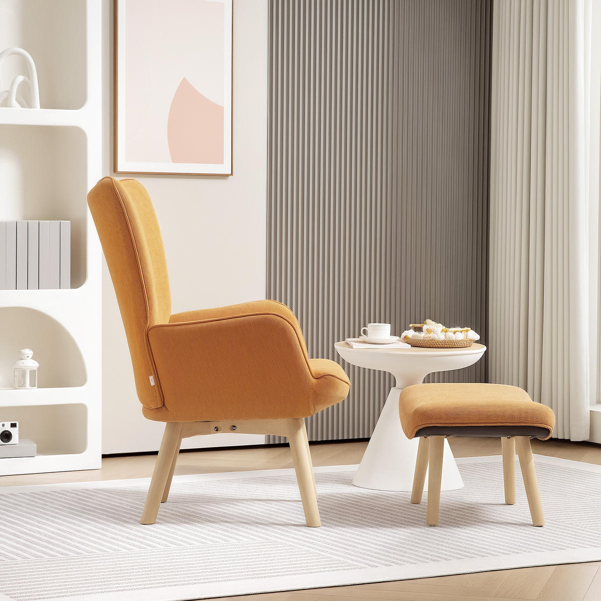 SESSEL mit Hocker, Ohrensessel mit Hoher Rückenlehne, Holzbeine, Cord, Braun - Bernsteinfarben, Textil (80/101/72cm) - HOMCOM