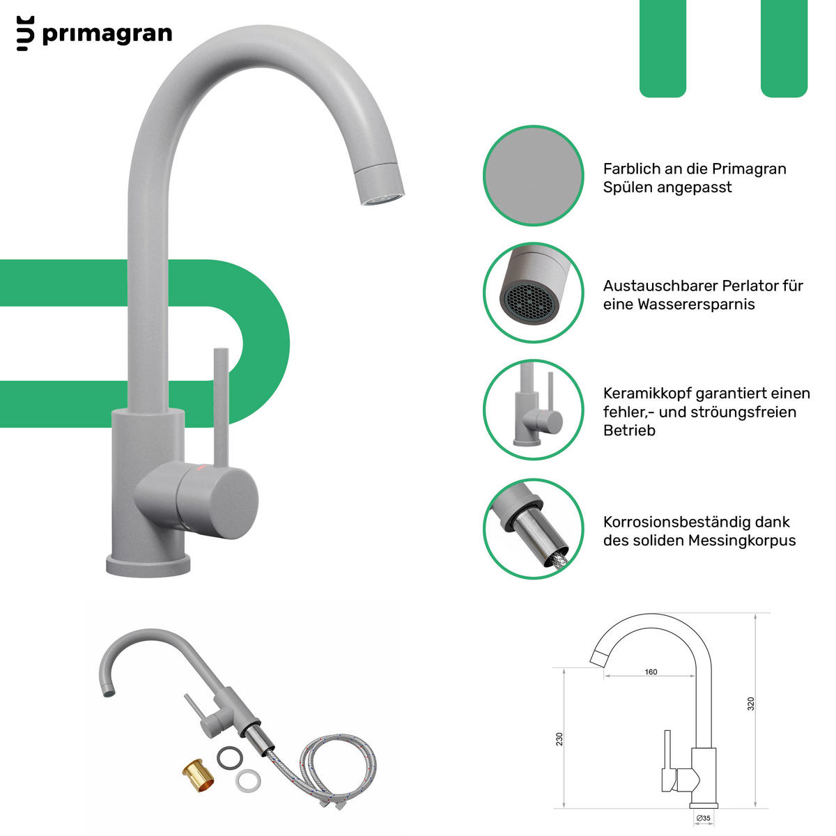 GRANITSPÜLE Kopenhagen Easy, 2-er set Grau 55/44 cm 1 Becken + Küchenarmatur 32/20 cm + Ablauf-Set ab 45er Unterschrank - Grau, Kunststoff (55/17/44cm) - Primagran