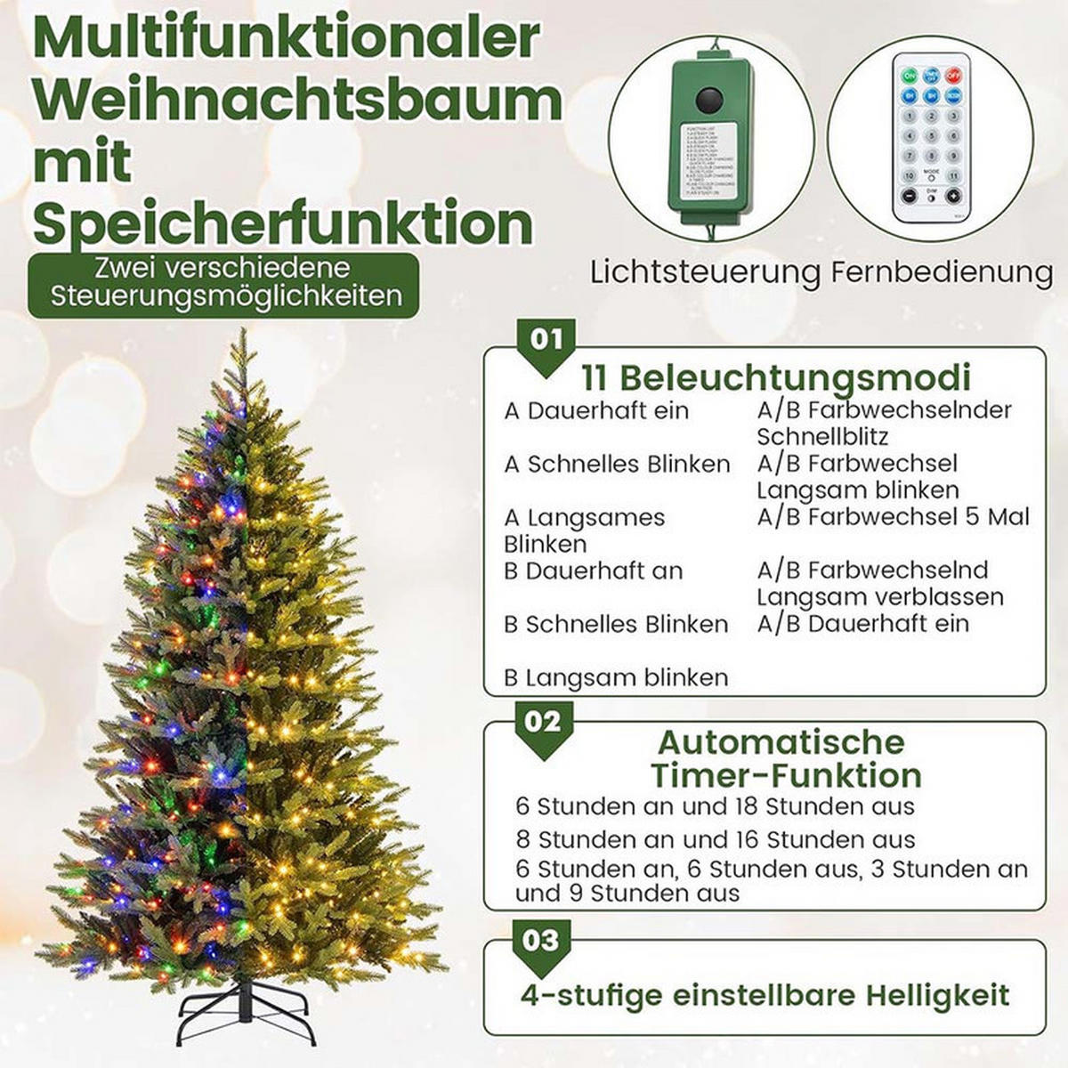 WEIHNACHTSBAUM mit 11 Lichtmodi 210cm Grün - Grün, Metall (210cm) - COSTWAY