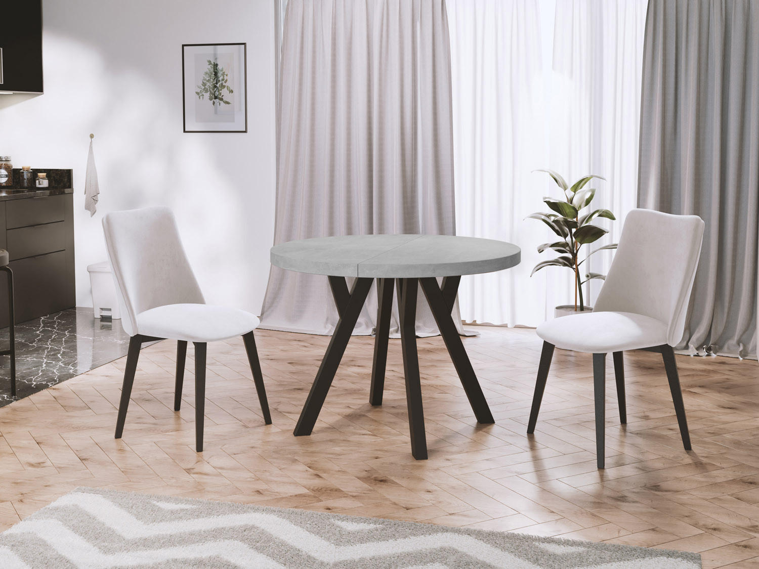 ESSTISCH Twixy runder ausziehbarer, Grauer Beton 100-200/100/76 cm - Hellgrau/Schwarz, Holz/Holzwerkstoff (100/100/76cm) - WFL GROUP