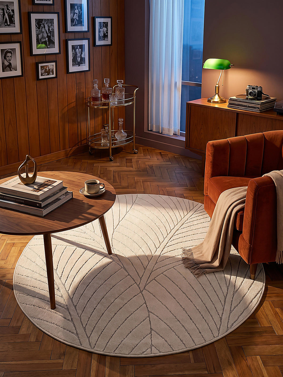 TEPPICH Outdoor, Fußbodenheizung-geeignet, mit Blattmotiv, ENGADIN in Creme, Ø 200 cm - Creme, Textil (200/200cm) - KADIMA DESIGN